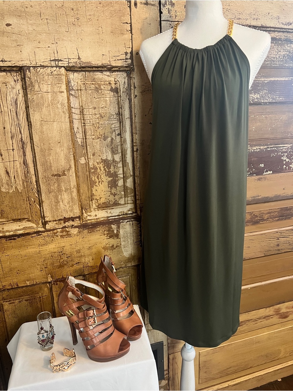 MICHAEL Michael Kors Olive Green Chain Halter Dress | Size L